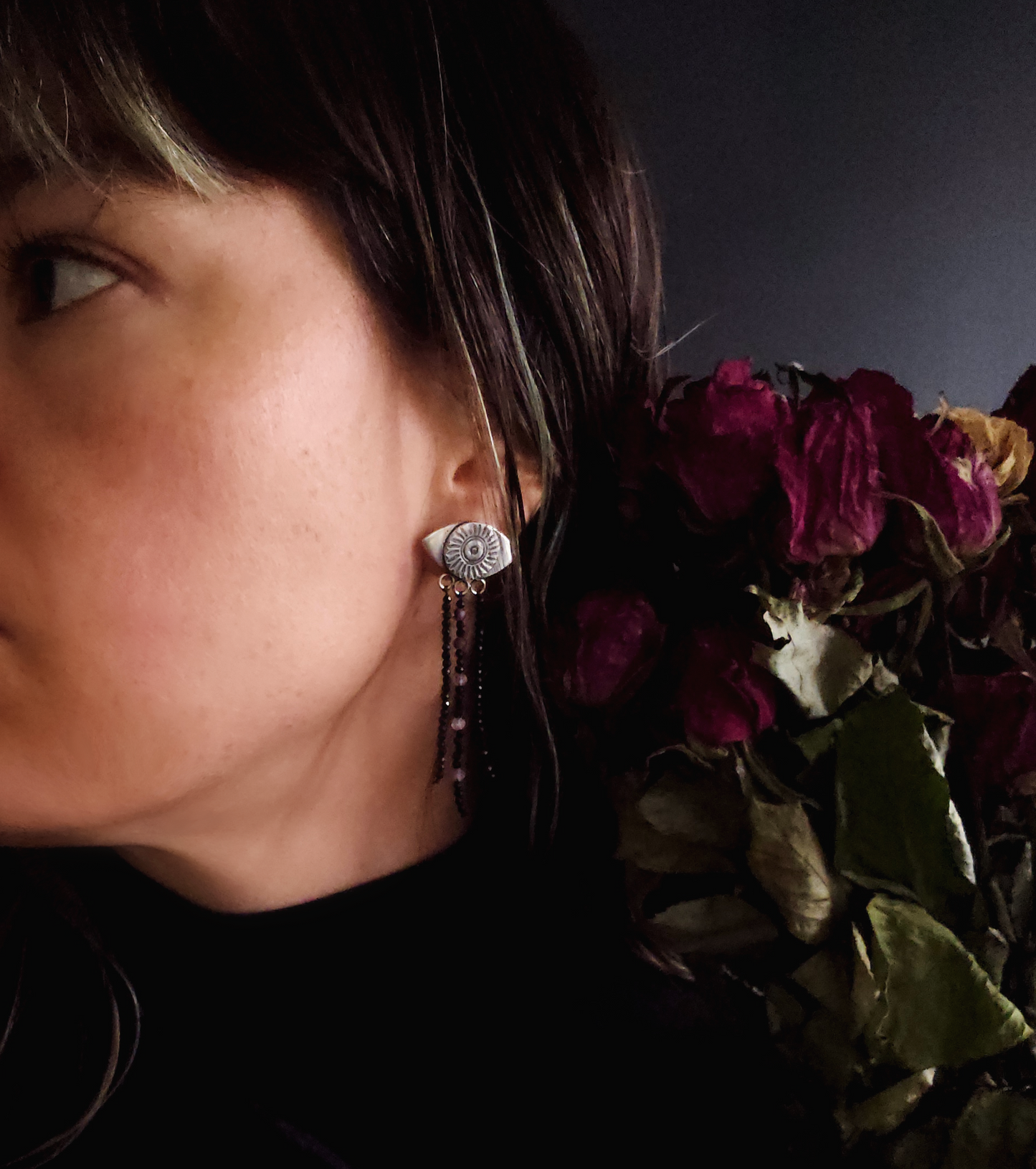 Boucles d'oreilles Oracle - Argent Sterling et rangs d'onyx et fluorite