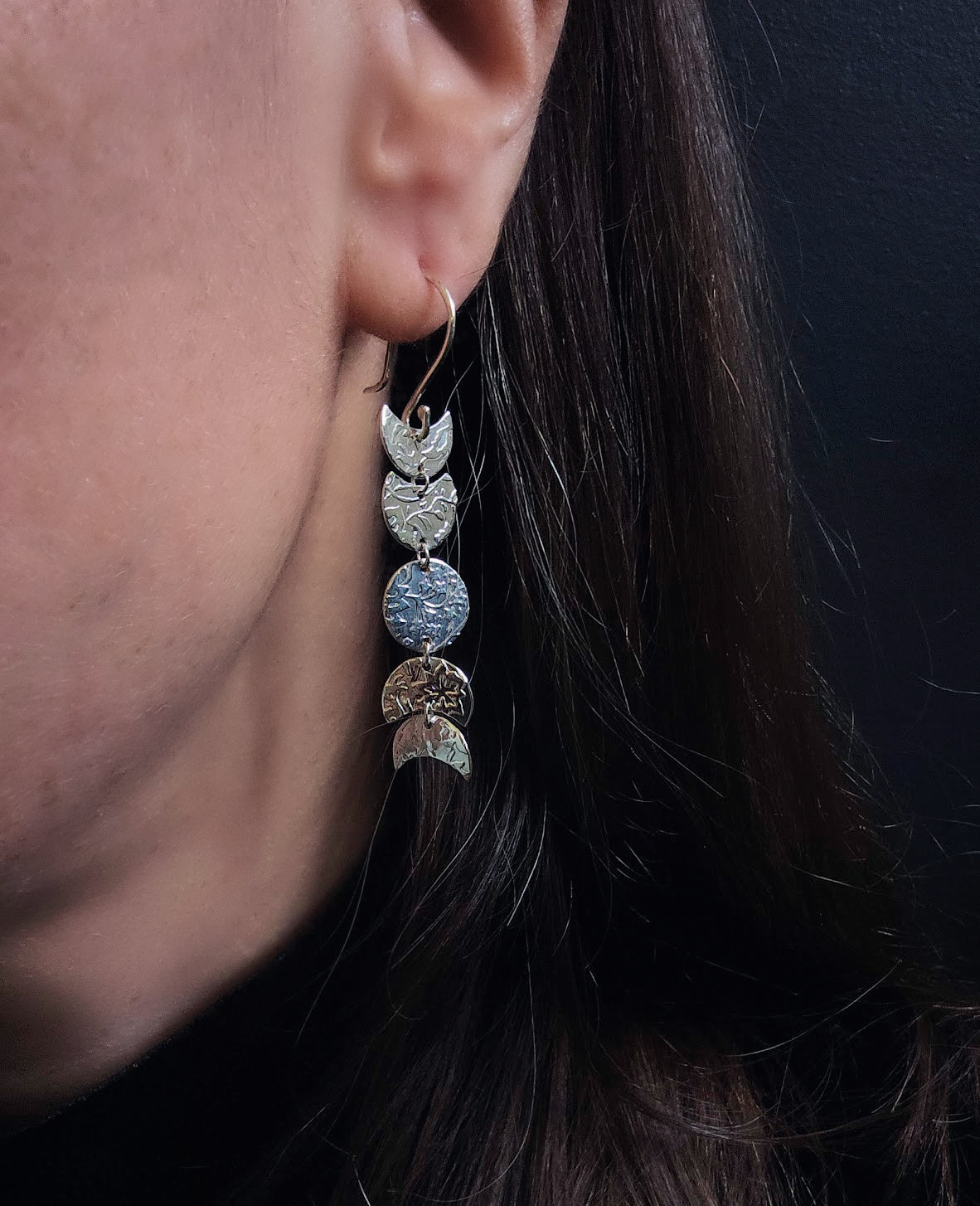 Boucles d'oreilles lunaires en argent Sterling- Longues boucles pendantes- Motif floral