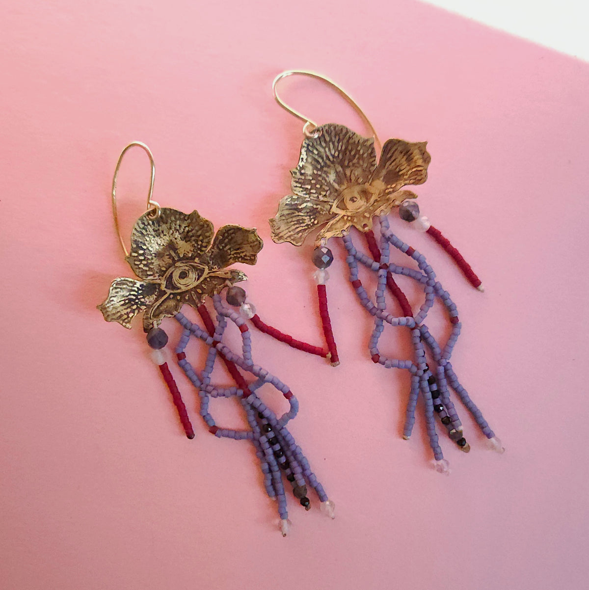 Boucles d'oreilles pendantes en laiton, or vermeil et perles Miyuki - Iris psychédélique