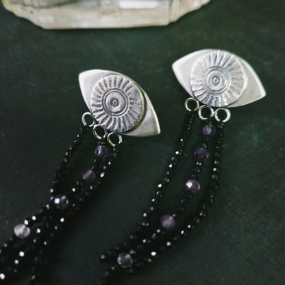 Boucles d'oreilles Oracle - Argent Sterling et rangs d'onyx et fluorite