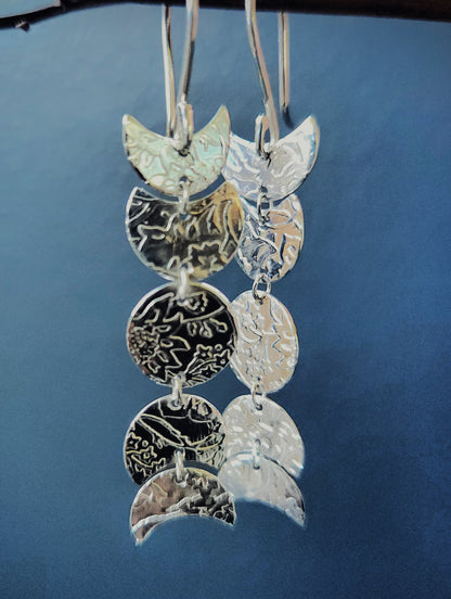 Boucles d'oreilles lunaires en argent Sterling- Longues boucles pendantes- Motif floral