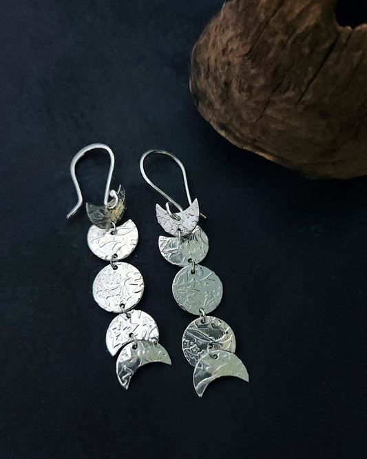 Boucles d'oreilles lunaires en argent Sterling- Longues boucles pendantes- Motif floral
