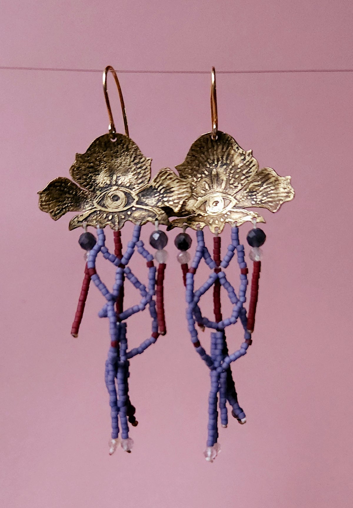 Boucles d'oreilles pendantes en laiton, or vermeil et perles Miyuki - Iris psychédélique
